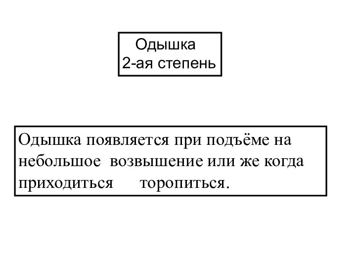 Одышка 2-ая степень Одышка появляется при подъёме на небольшое возвышение или же когда приходиться торопиться.