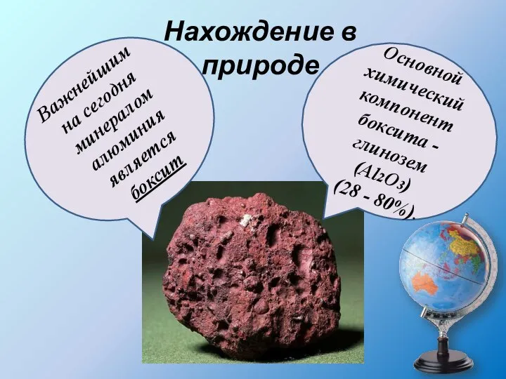 Нахождение в природе Важнейшим на сегодня минералом алюминия является боксит Основной химический