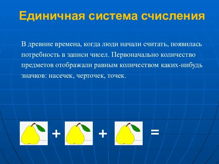 Единичная система счисления В древние времена, когда люди начали считать, появилась потребность