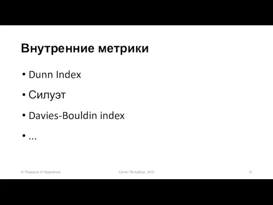 Внутренние метрики Санкт-Петербург, 2019 Н. Поваров, И. Куралёнок Dunn Index Силуэт Davies-Bouldin index ...