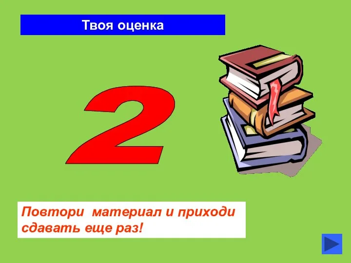 Твоя оценка 2 Повтори материал и приходи сдавать еще раз!