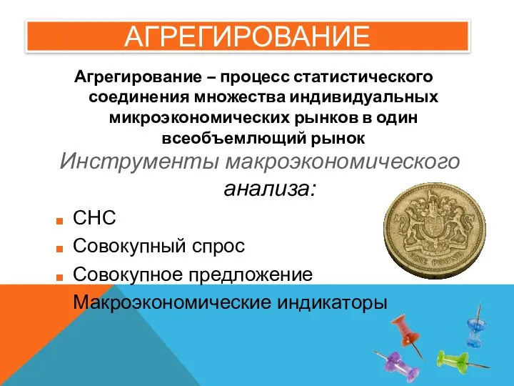 АГРЕГИРОВАНИЕ Агрегирование – процесс статистического соединения множества индивидуальных микроэкономических рынков в один