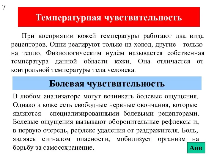 Температурная чувствительность При восприятии кожей температуры работают два вида рецепторов. Одни реагируют