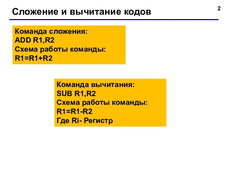 Сложение и вычитание кодов Команда сложения: ADD R1,R2 Схема работы команды: R1=R1+R2