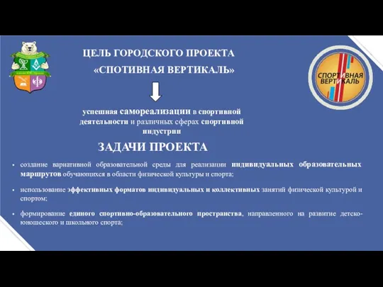 ЦЕЛЬ ГОРОДСКОГО ПРОЕКТА «СПОТИВНАЯ ВЕРТИКАЛЬ» успешная самореализации в спортивной деятельности и различных