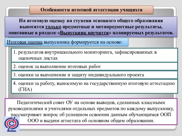 Особенности итоговой аттестации учащихся На итоговую оценку на ступени основного общего образования