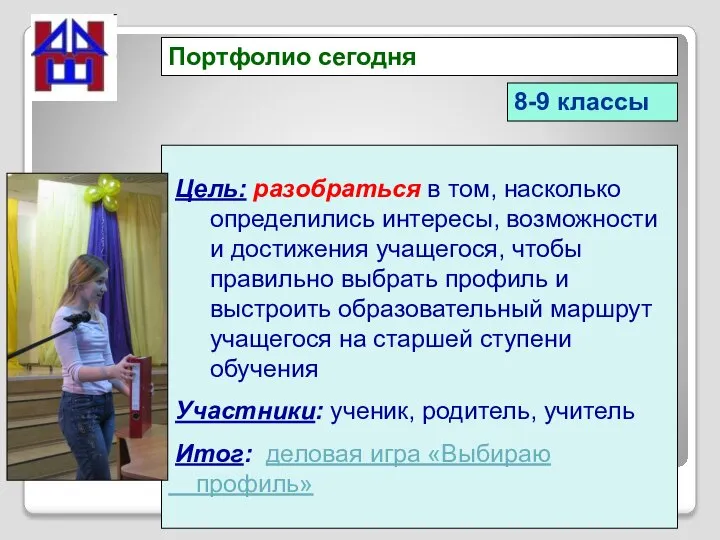 Портфолио сегодня 8-9 классы Цель: разобраться в том, насколько определились интересы, возможности