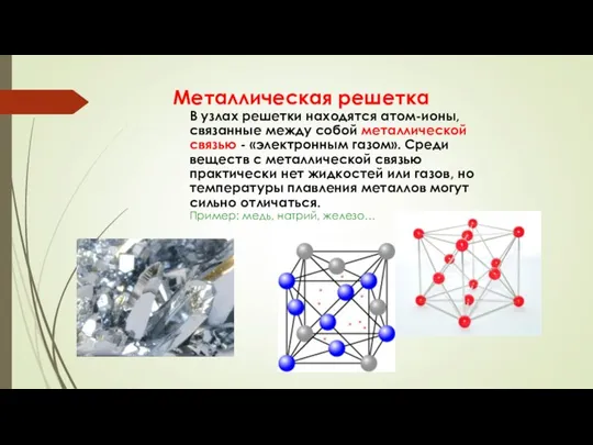 Металлическая решетка В узлах решетки находятся атом-ионы, связанные между собой металлической связью