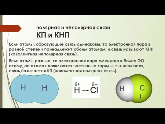 полярная и неполярная связи КП и КНП Если атомы, образующие связь одинаковы,