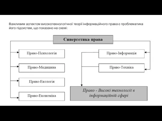 Важливим аспектом високотехнологічної теорії інформаційного права є проблематика його підсистем, що показано на схемі: