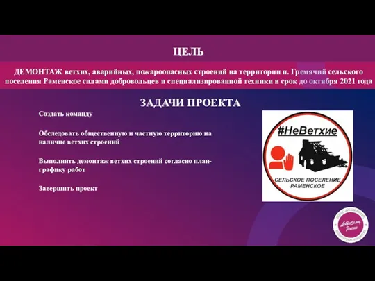 ЦЕЛЬ Завершить проект Создать команду Обследовать общественную и частную территорию на наличие