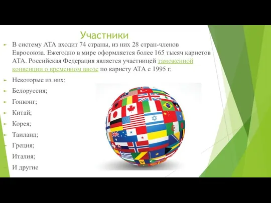 Участники В систему АТА входит 74 страны, из них 28 стран-членов Евросоюза.