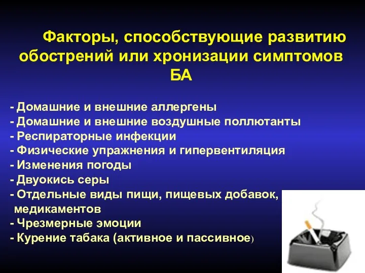 Факторы, способствующие развитию обострений или хронизации симптомов БА Домашние и внешние аллергены