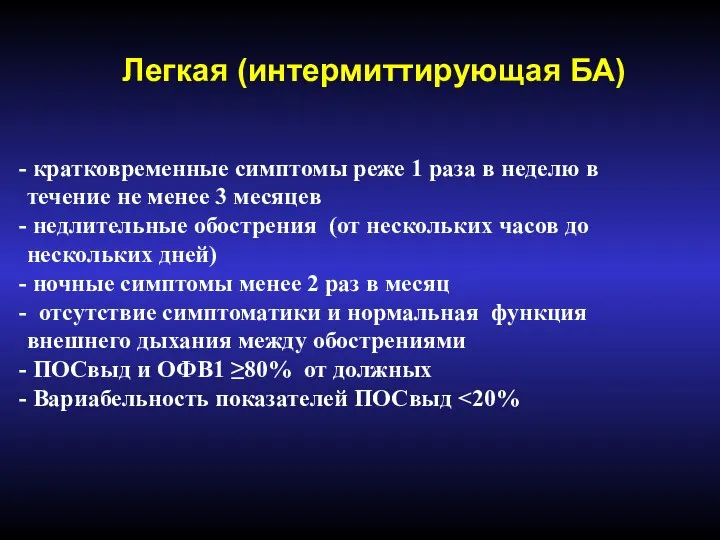 Легкая (интермиттирующая БА) кратковременные симптомы реже 1 раза в неделю в течение