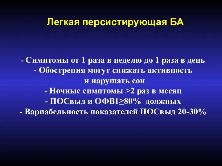 Легкая персистирующая БА Симптомы от 1 раза в неделю до 1 раза