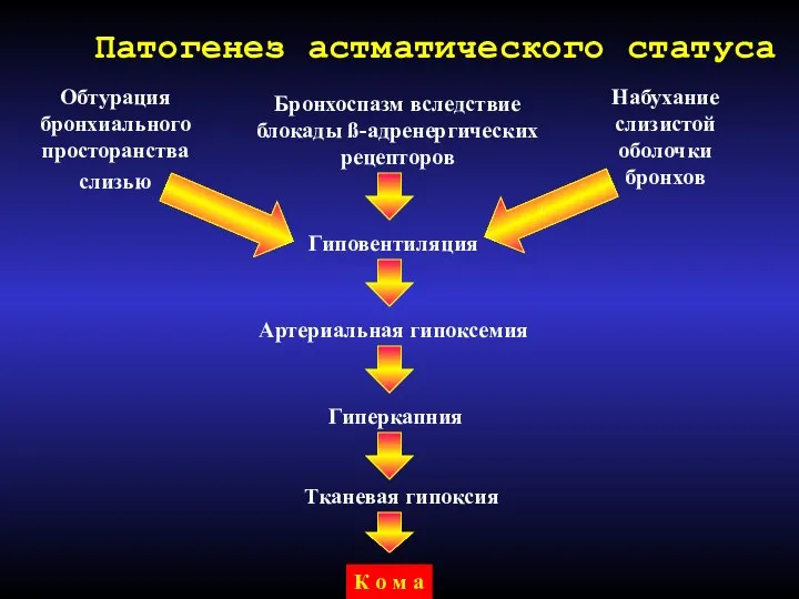 Патогенез астматического статуса Обтурация бронхиального просторанства слизью Бронхоспазм вследствие блокады ß-адренергических рецепторов