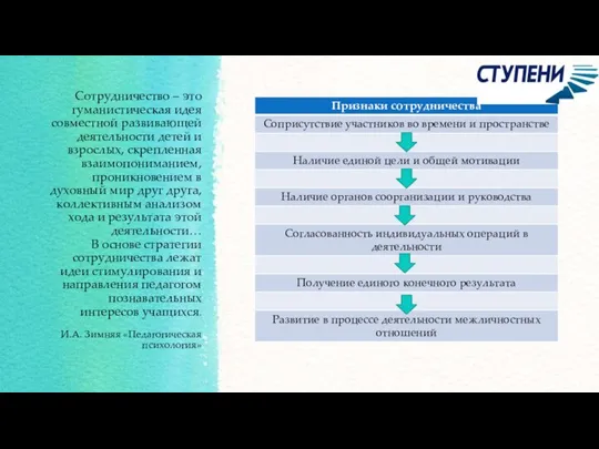 Сотрудничество – это гуманистическая идея совместной развивающей деятельности детей и взрослых, скрепленная