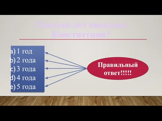 Сколько лет писалась Конституция? 1 год 2 года 3 года 4 года 5 года Правильный ответ!!!!!