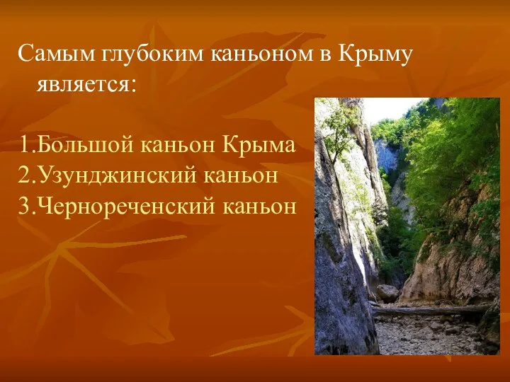 Самым глубоким каньоном в Крыму является: 1.Большой каньон Крыма 2.Узунджинский каньон 3.Чернореченский каньон