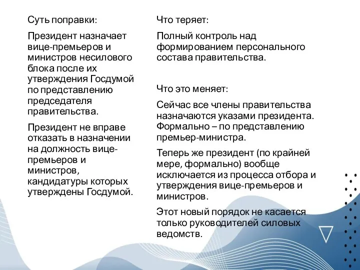 Что теряет: Полный контроль над формированием персонального состава правительства. Что это меняет: