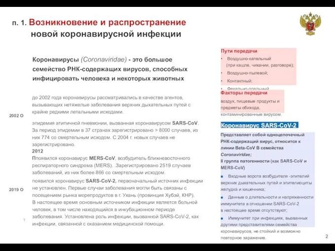 п. 1. Возникновение и распространение новой коронавирусной инфекции Коронавирусы (Coronaviridae) - это