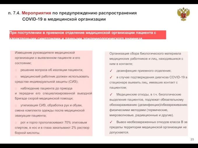 п. 7.4. Мероприятия по предупреждению распространения COVID-19 в медицинской организации При поступлении