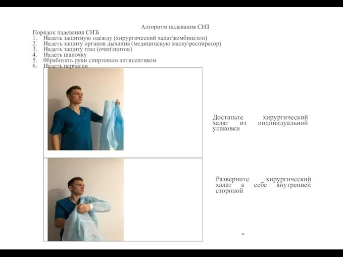 Алгоритм надевания СИЗ Порядок надевания СИЗi 1. Надеть защитную одежду (хирургический халат\комбинезон)