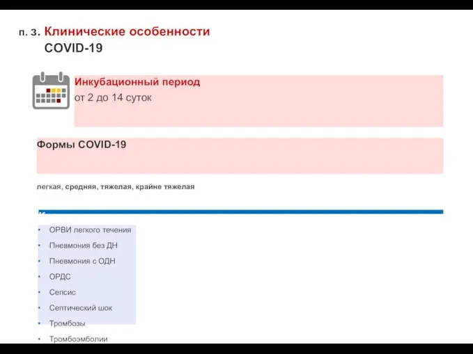 п. з. Клинические особенности COVID-19 Инкубационный период от 2 до 14 суток