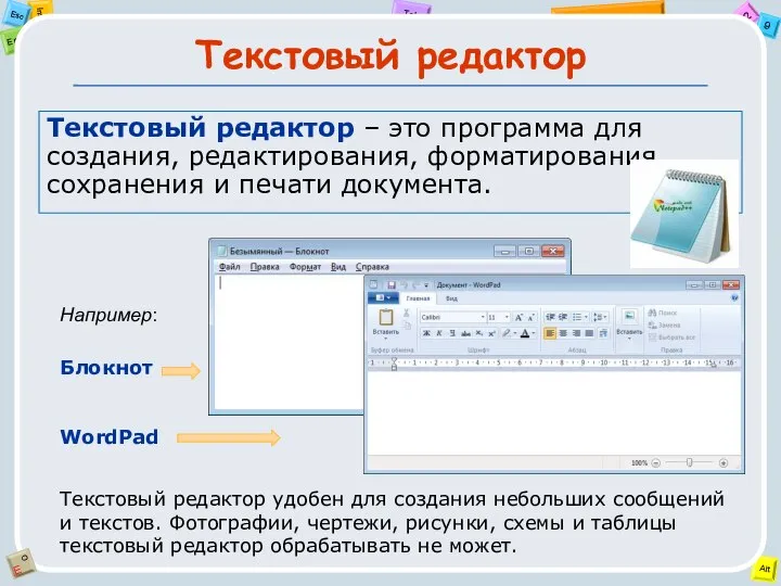 Текстовый редактор Текстовый редактор – это программа для создания, редактирования, форматирования, сохранения