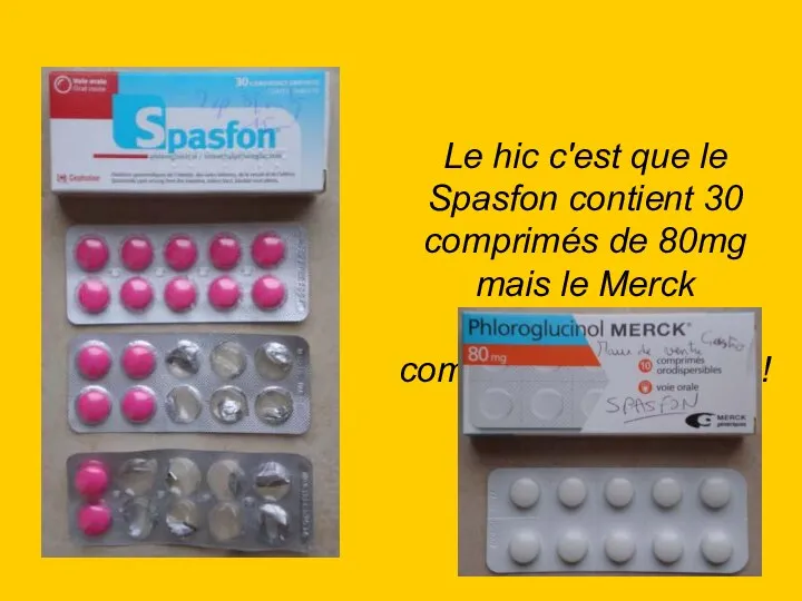 Le hic c'est que le Spasfon contient 30 comprimés de 80mg mais