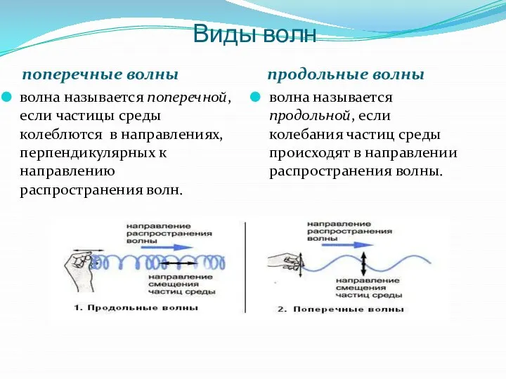 Виды волн поперечные волны продольные волны волна называется поперечной, если частицы среды