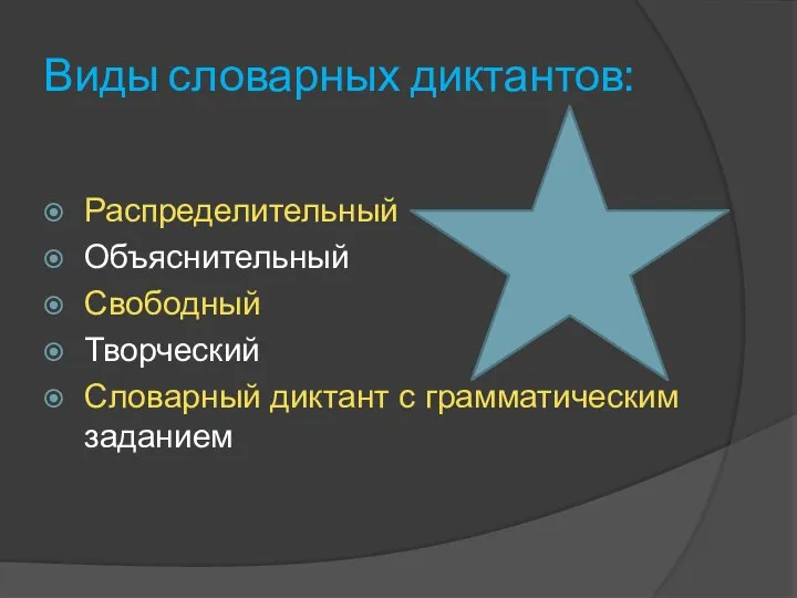 Виды словарных диктантов: Распределительный Объяснительный Свободный Творческий Словарный диктант с грамматическим заданием