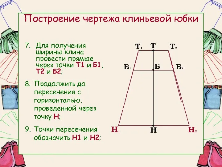 Построение чертежа клиньевой юбки Для получения ширины клина провести прямые через точки