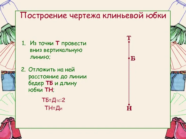 Построение чертежа клиньевой юбки Из точки Т провести вниз вертикальную линию; Отложить