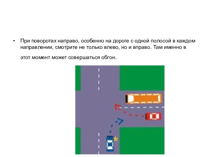 При поворотах направо, особенно на дороге с одной полосой в каждом направлении,