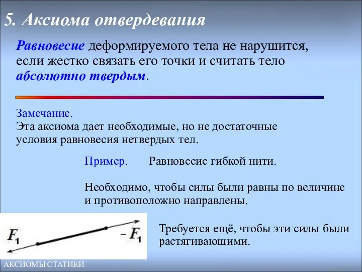 5. Аксиома отвердевания Равновесие деформируемого тела не нарушится, если жестко связать его