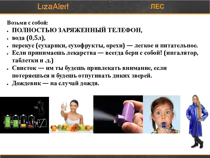 ЛЕС Возьми с собой: ПОЛНОСТЬЮ ЗАРЯЖЕННЫЙ ТЕЛЕФОН, вода (0,5л), перекус (сухарики, сухофрукты,