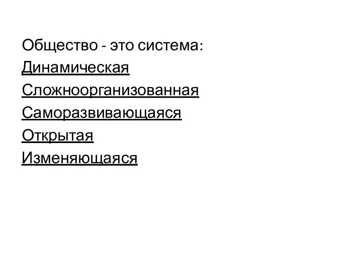 Общество - это система: Динамическая Сложноорганизованная Саморазвивающаяся Открытая Изменяющаяся