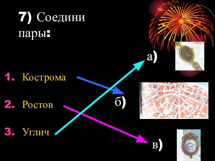 7) Соедини пары: Кострома Ростов Углич а) а) б) в)