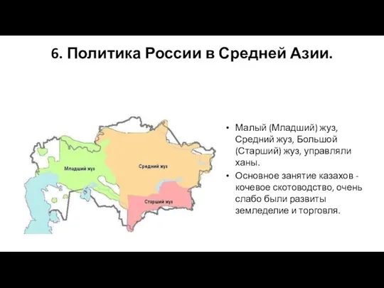 6. Политика России в Средней Азии. Малый (Младший) жуз, Средний жуз, Большой