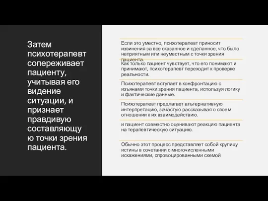 Затем психотерапевт сопереживает пациенту, учитывая его видение ситуации, и признает правдивую составляющую точки зрения пациента.