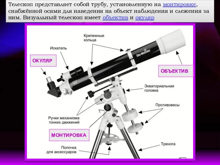 Телескоп представляет собой трубу, установленную на монтировке, снабжённой осями для наведения на