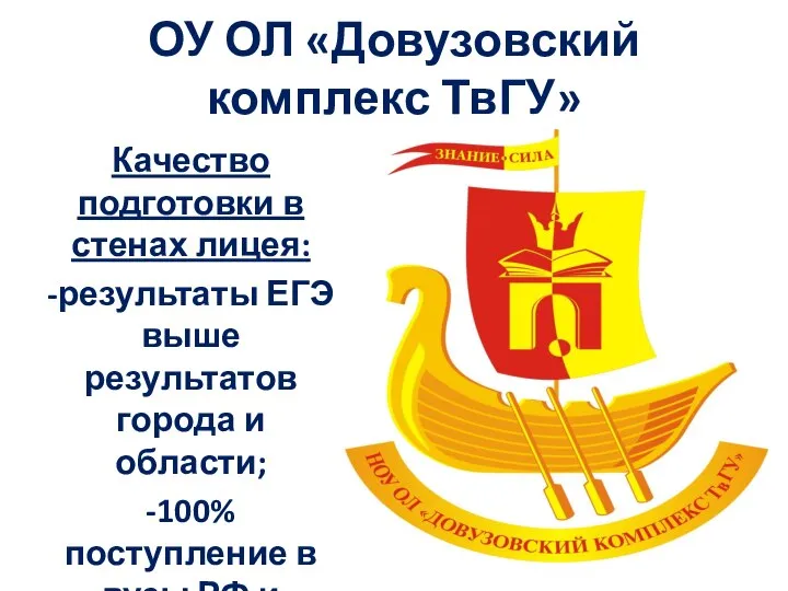 ОУ ОЛ «Довузовский комплекс ТвГУ» Качество подготовки в стенах лицея: -результаты ЕГЭ