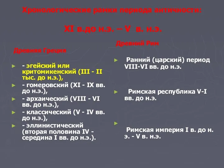 Хронологические рамки периода античности: XI в.до н.э. – V в. н.э. Древняя