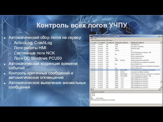 Контроль всех логов УЧПУ Автоматический сбор логов на сервер ActionLog, CrashLog Логи