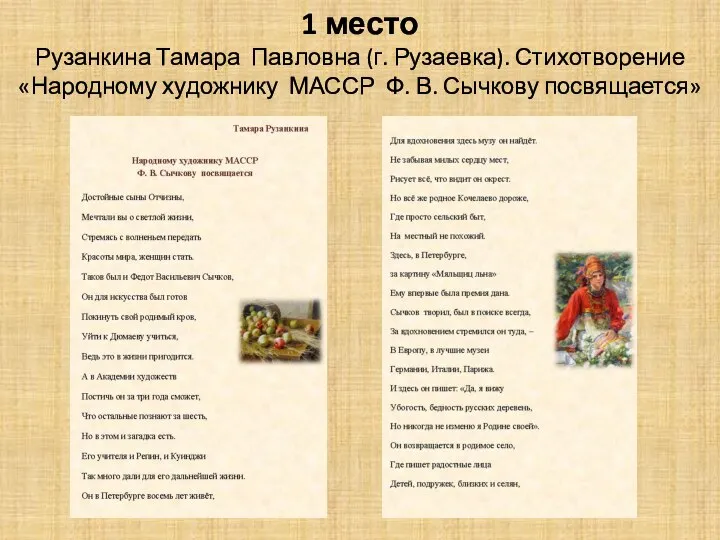 1 место Рузанкина Тамара Павловна (г. Рузаевка). Стихотворение «Народному художнику МАССР Ф. В. Сычкову посвящается»