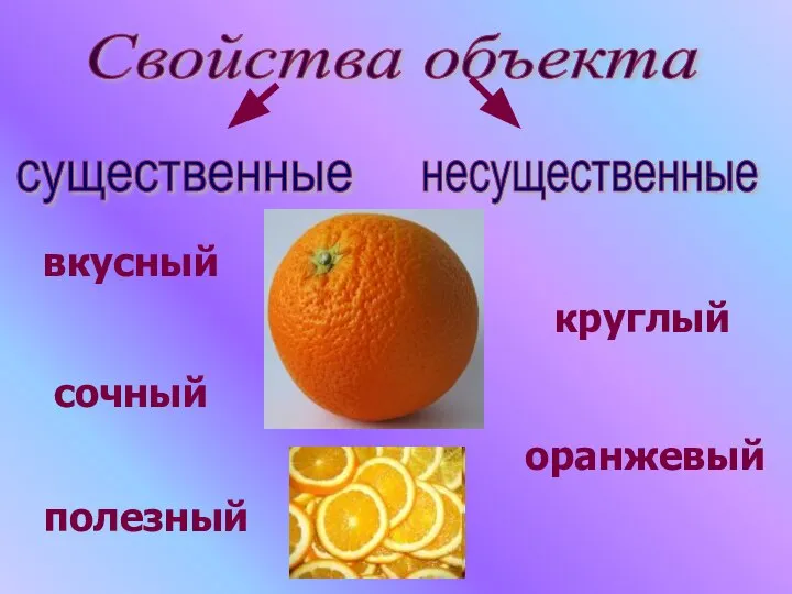 Свойства объекта существенные несущественные круглый оранжевый вкусный сочный полезный