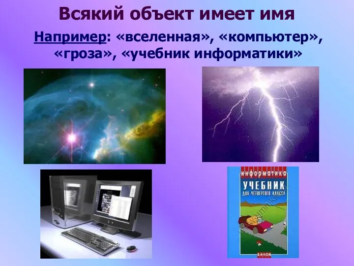 Всякий объект имеет имя Например: «вселенная», «компьютер», «гроза», «учебник информатики»