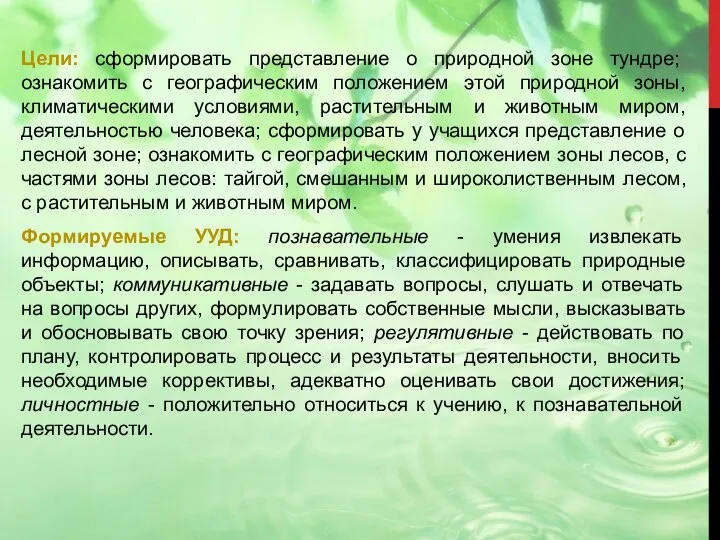 Цели: сформировать представление о природной зоне тундре; ознакомить с географическим положением этой