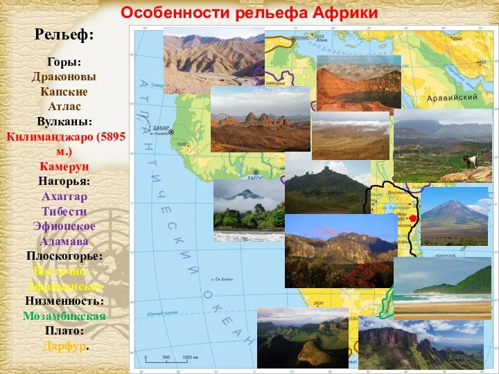 Особенности рельефа Африки Рельеф: Горы: Драконовы Капские Атлас Вулканы: Килиманджаро (5895 м.)
